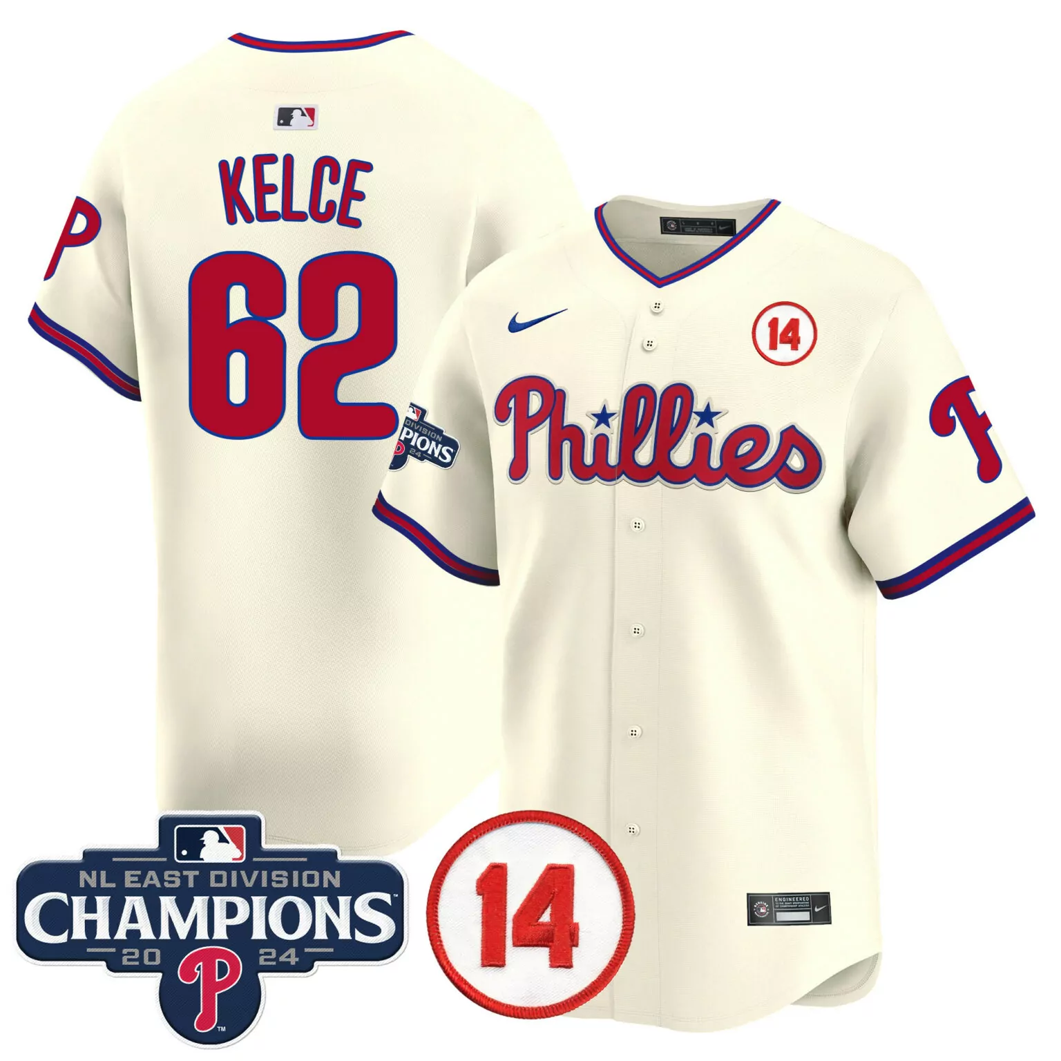 Jason Kelce 62 Phillies Jersey Cream Nl East Division Champions 2024 Men Red Blue