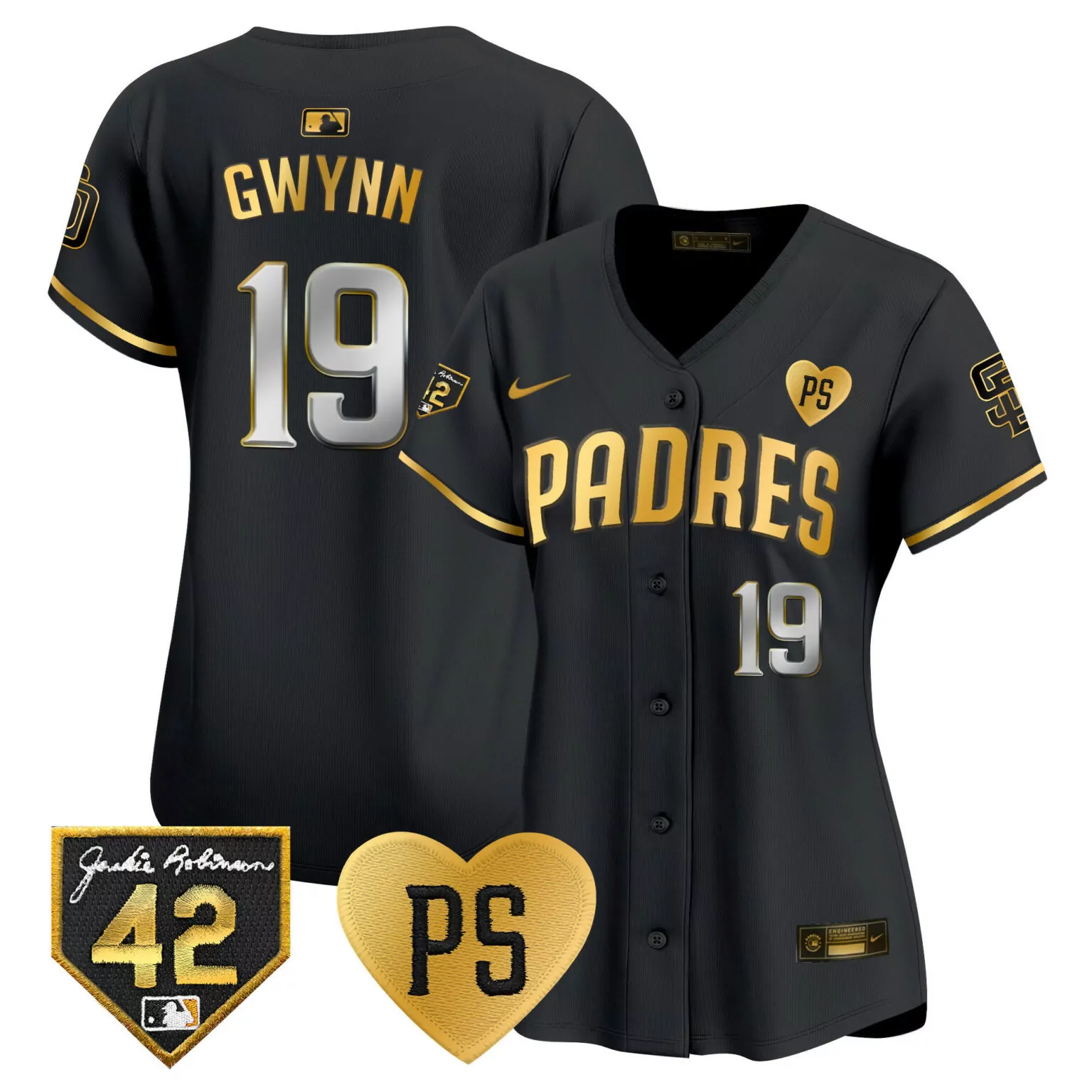 Tony Gwynn 19 Padres Jersey Black Jackie Robinson Day 42 Ps Heart Women Gold Silver