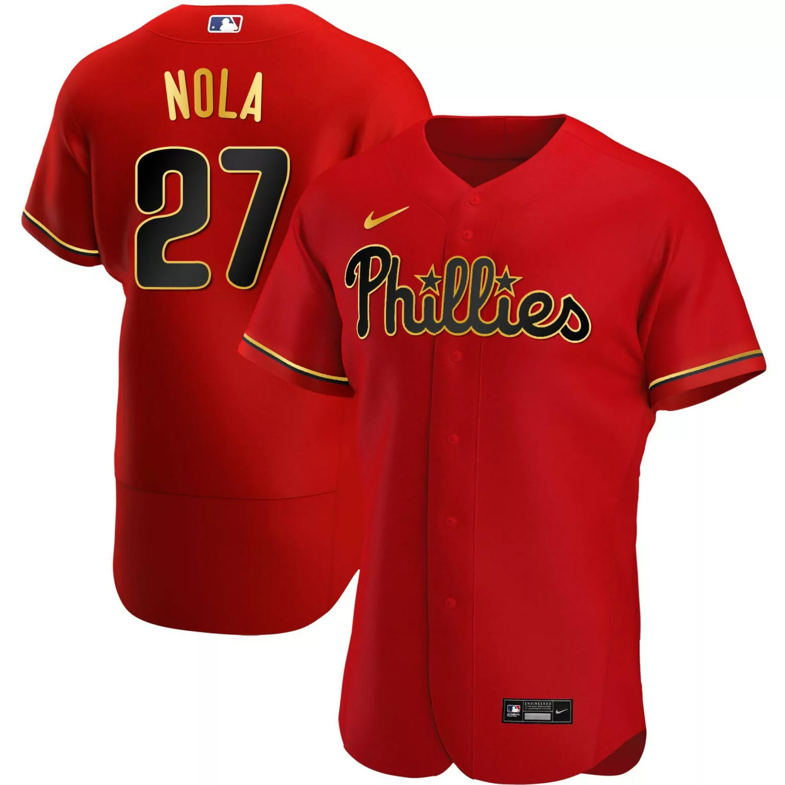 Aaron Nola 27 Phillies Jersey Red Men Black Gold Flex All Stitched