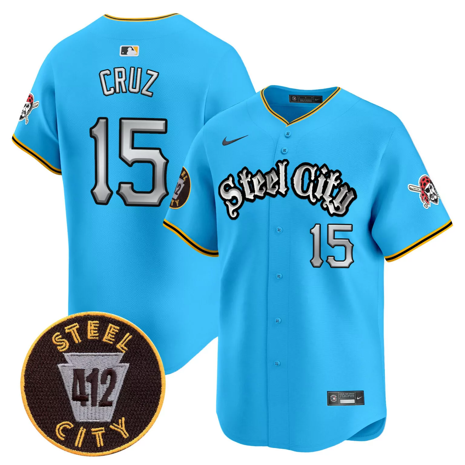 Oneil Cruz 15 Steel City Jersey Blue 412 Pirate Skull Men Yellow v2 All Stitched