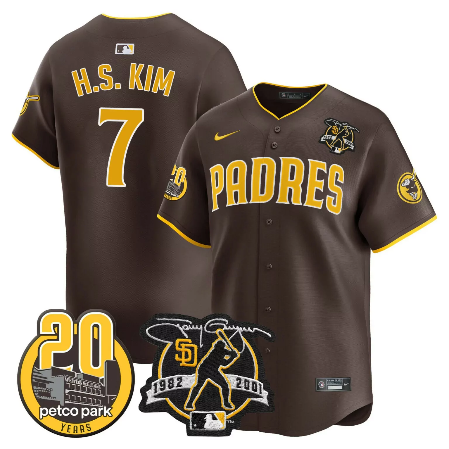 H.s. Kim 7 Padres Jersey Brown Petco Park 20 Years Tony Gwynn Men Yellow All Stitched