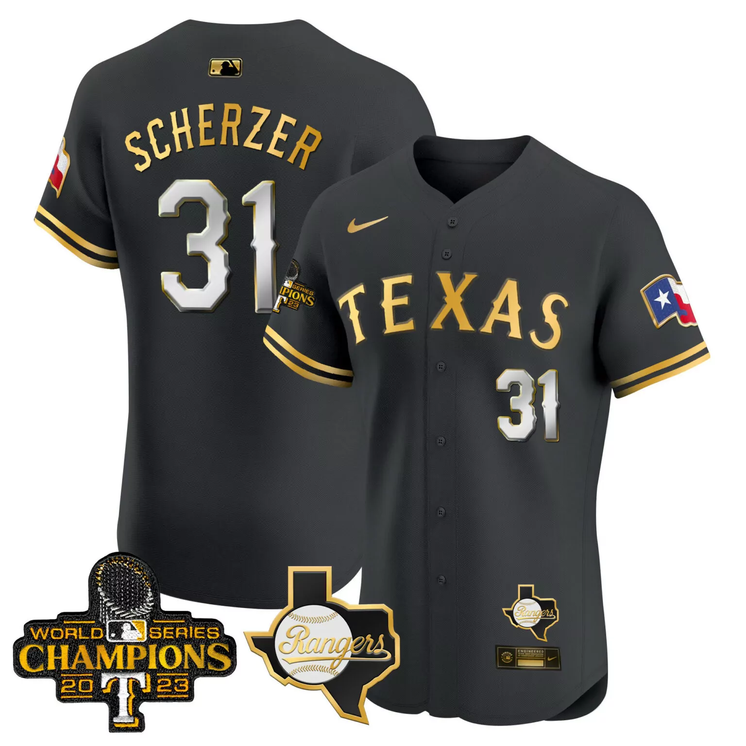 Max Scherzer 31 Rangers Jersey Black World Series Champions 2023 Texas Men Gold White
