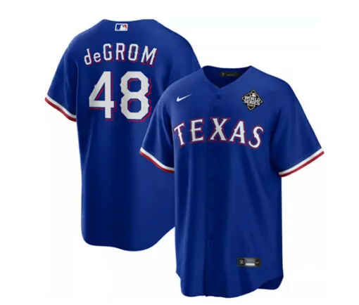 Jacob Degrom 48 Texas Rangers Jersey Royal Blue World Series Men Red White Cool Base