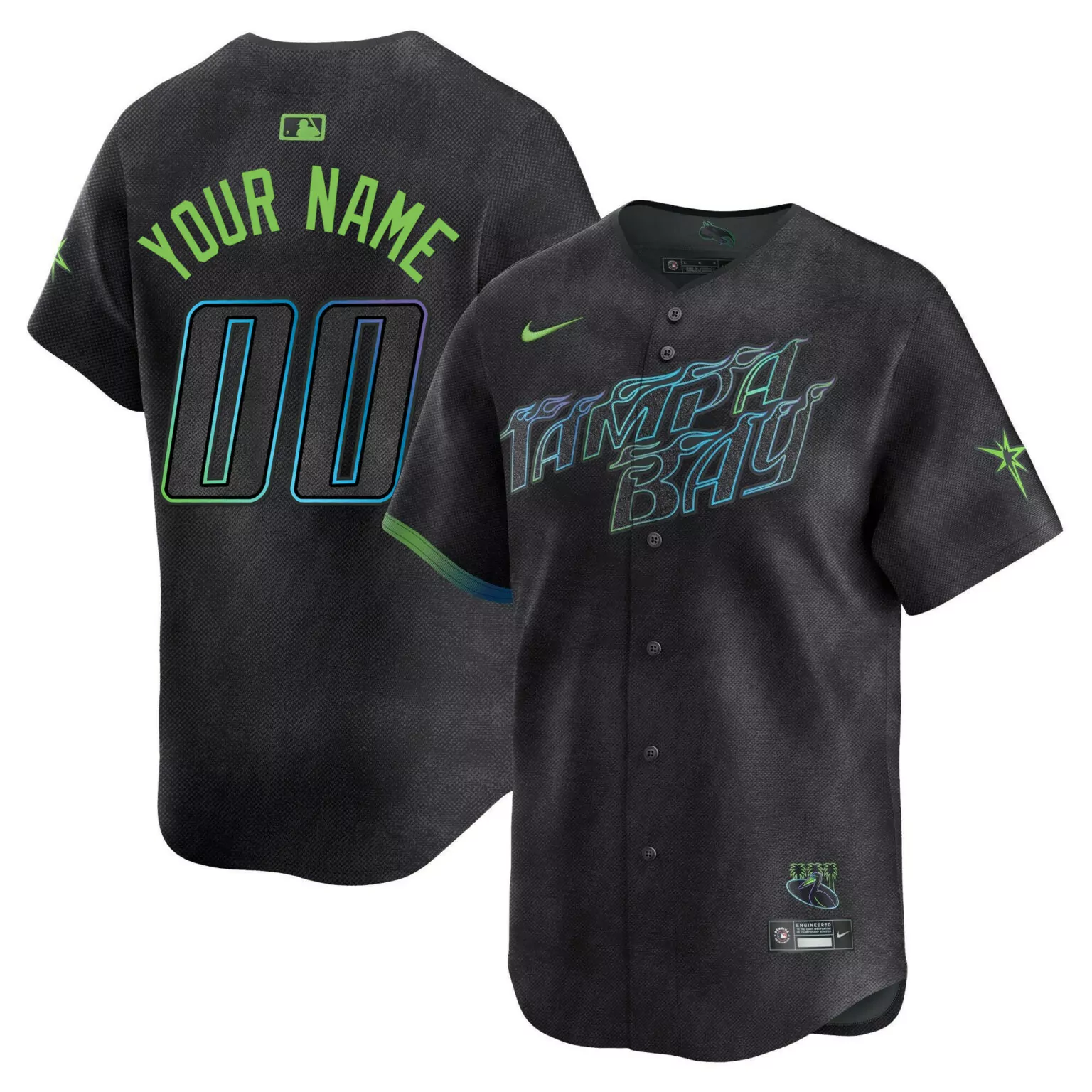 Custom Tampa Bay Rays Jersey Black Men Alternate Design Green Blue Purple Vapor All