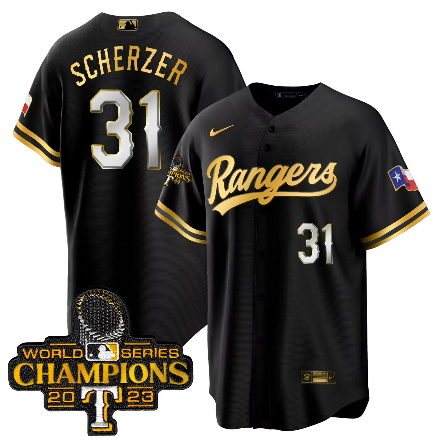 Max Scherzer 31 Rangers Jersey Black World Series Champions 2023 Men Gold White v3