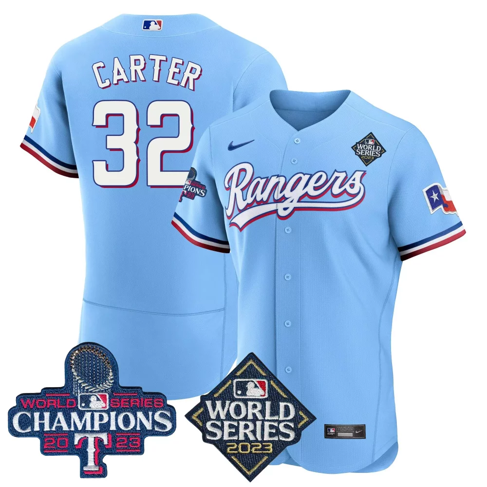 Carter 32 Rangers Jersey Light Blue World Series Champions 2023 Men White Red Flex