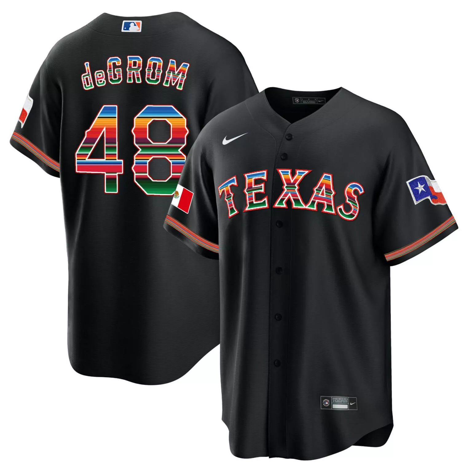 Jacob Degrom 48 Texas Rangers Jersey Black Fiesta Flag Mexican Men White Red Green