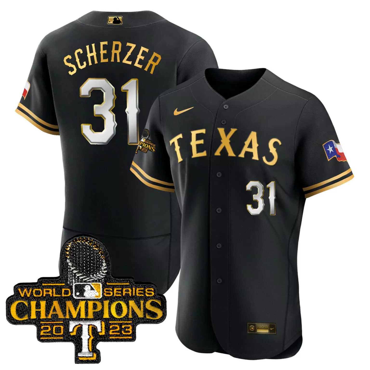 Max Scherzer 31 Texas Rangers Jersey Black World Series Champions 2023 Men Gold White