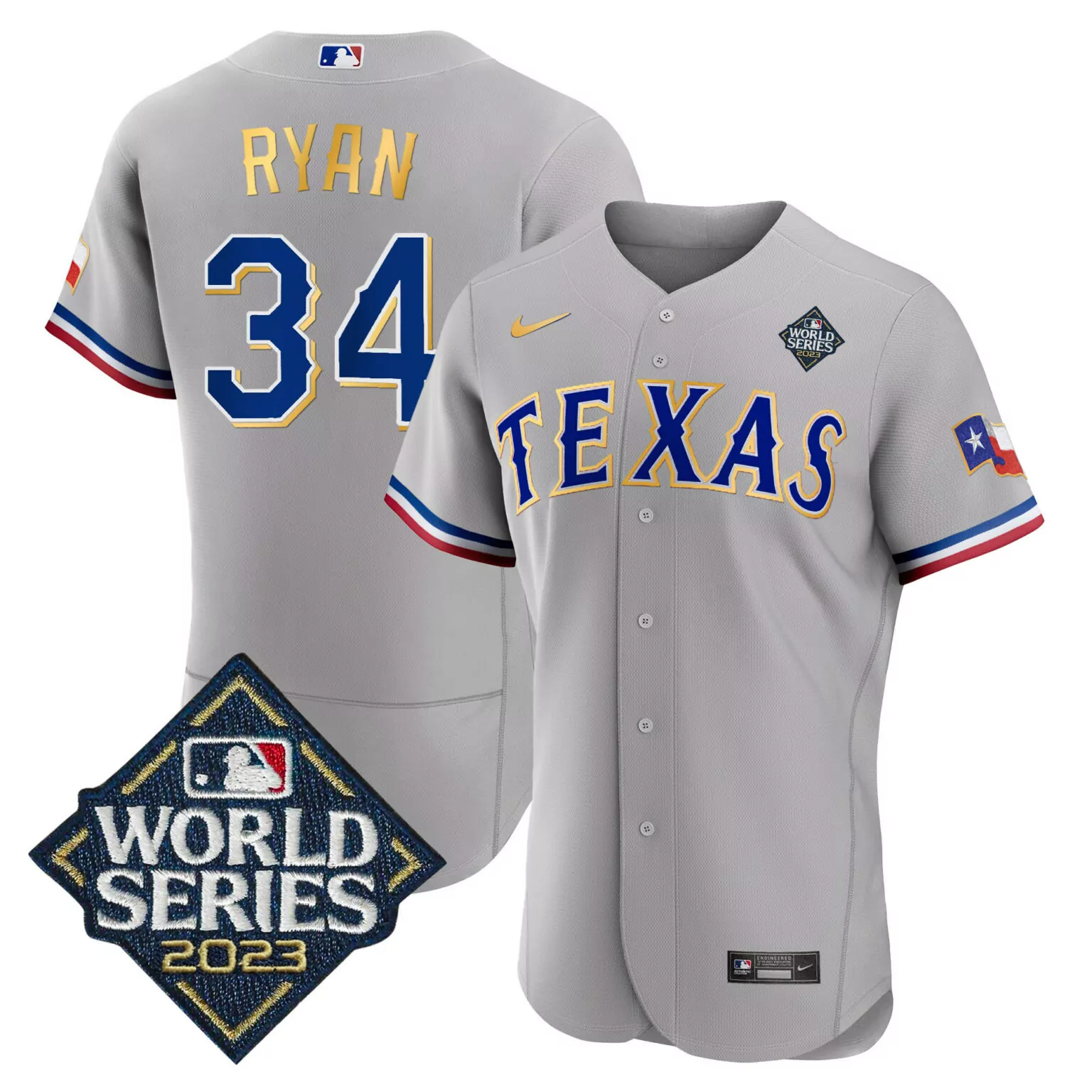 Nolan Ryan 34 Texas Rangers Jersey Gray 2023 World Series Men Blue Red White Gold
