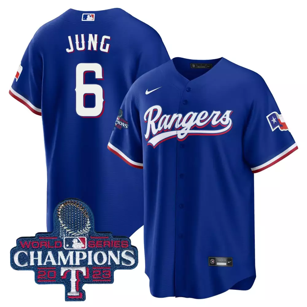 Jung 6 Rangers Jersey Royal Blue World Series Champions 2023 Men White Red Cool Base