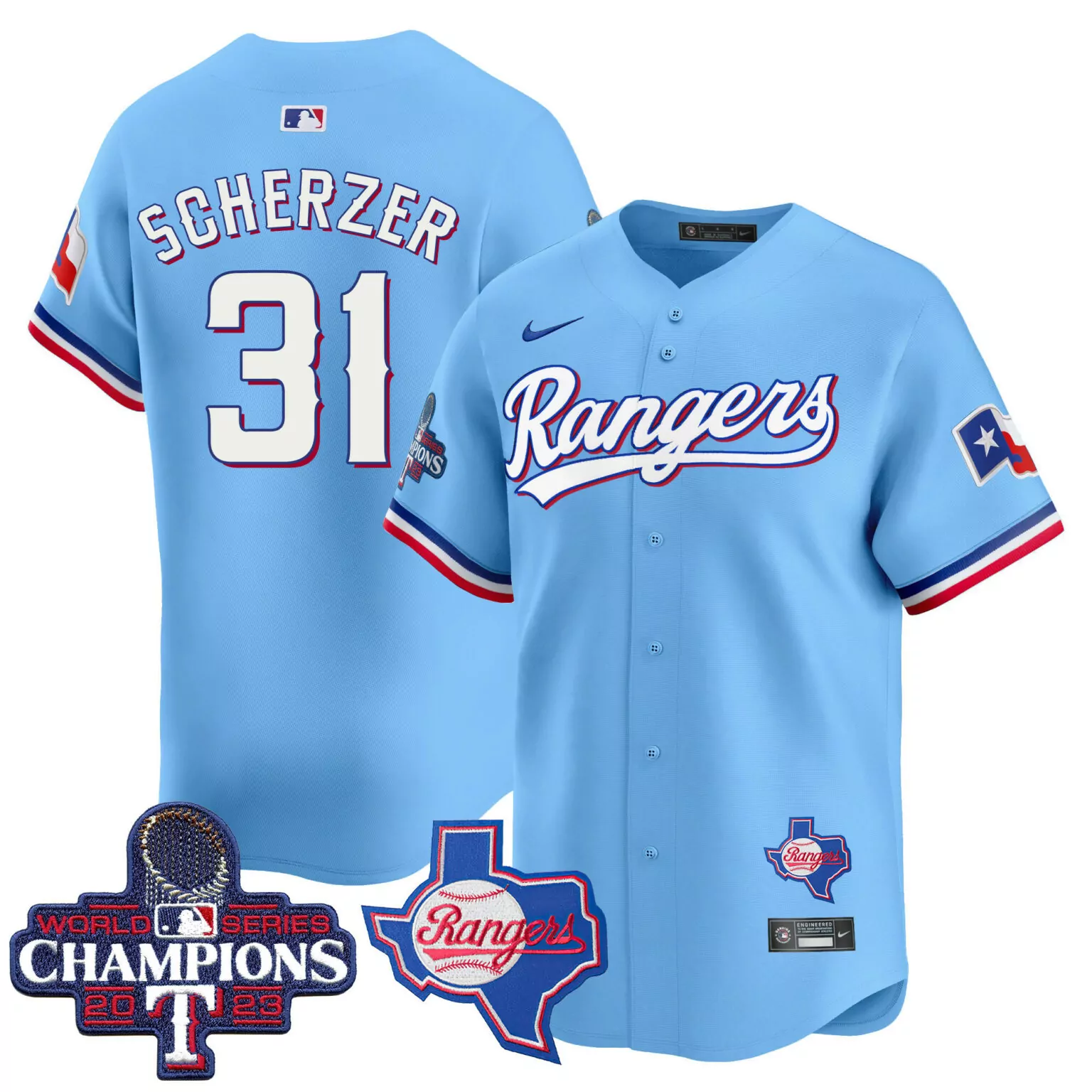 Max Scherzer 31 Rangers Jersey Light Blue World Series Champions 2023 Texas Team