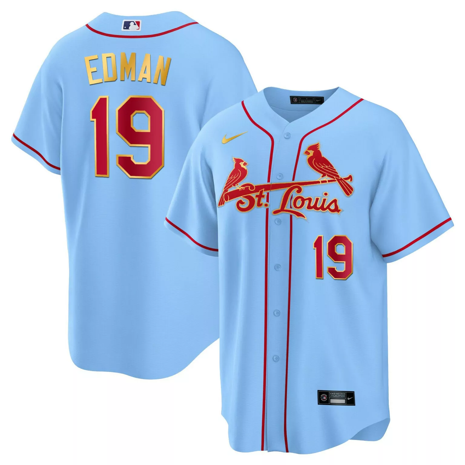 Tommy Edman 19 Jersey Light Blue St. Louis Cardinals Men Authentic Red Gold All Stitched