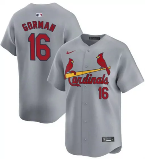Nolan Gorman 16 Cardinals Jersey Grey Men Red Yellow Away Stitched