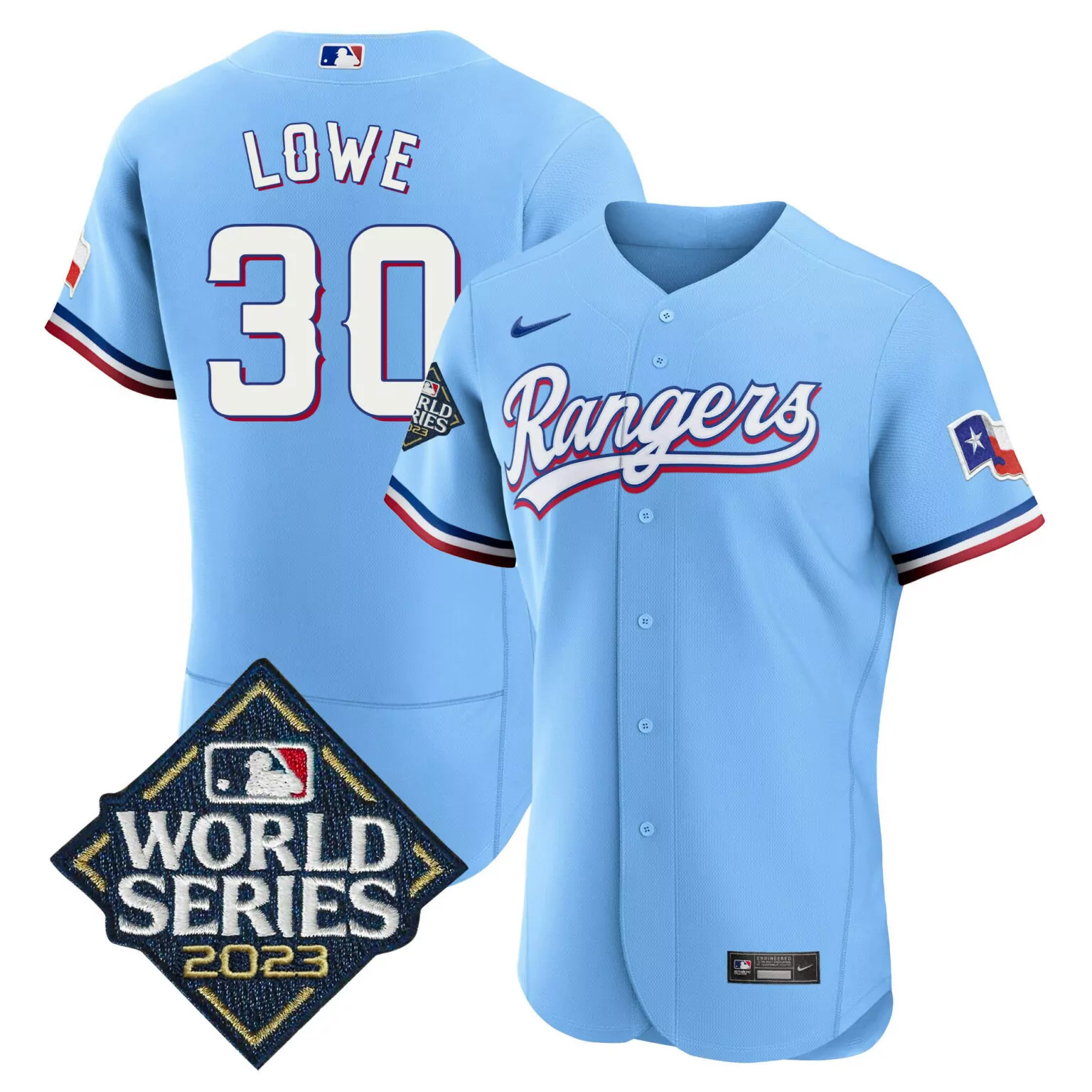 Nathaniel Lowe 30 Rangers Jersey Light Blue World Series 2023 Men White Red Navy