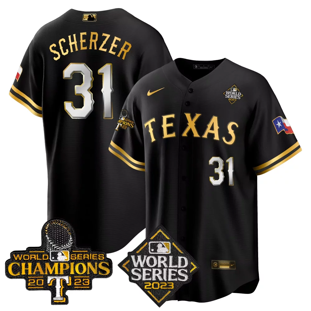 Max Scherzer 31 Texas Rangers Jersey Black World Series 2023 Champions Men Gold White