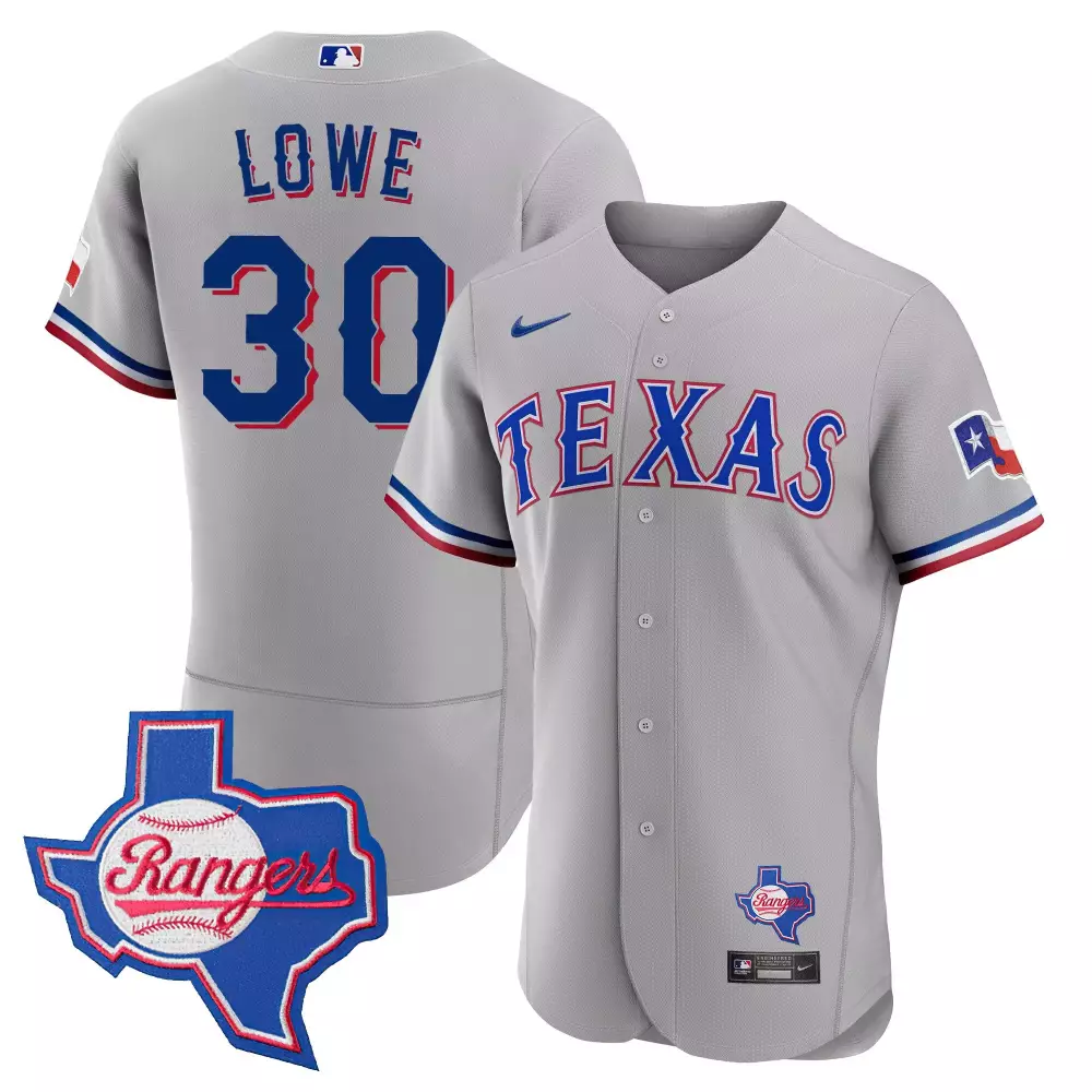 Lowe 30 Texas Rangers Jersey Gray Men Blue Red Flex Base All Stitched