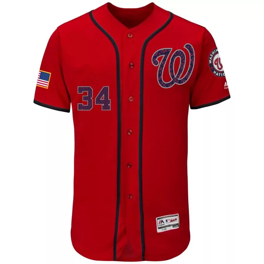 Custom Washington Nationals 34 Jersey Red USA Flag Men Navy White Fashion Flex Base