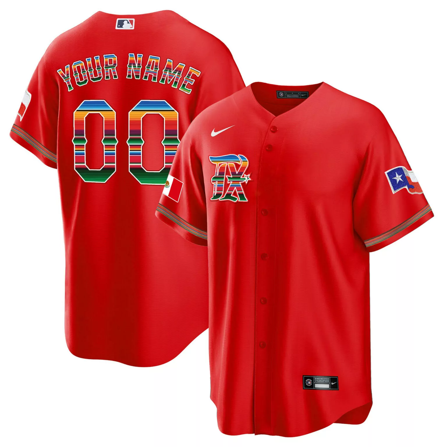 Custom Texas Rangers Jersey Red Mexico Flag Men Multi-color White Blue Green Heritage
