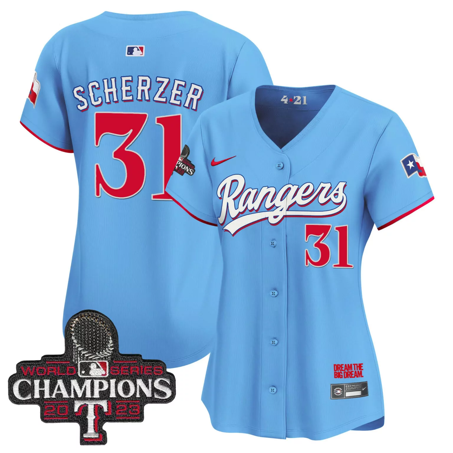 Max Scherzer 31 Rangers Jersey Blue 2023 World Series Champions Men Red White All