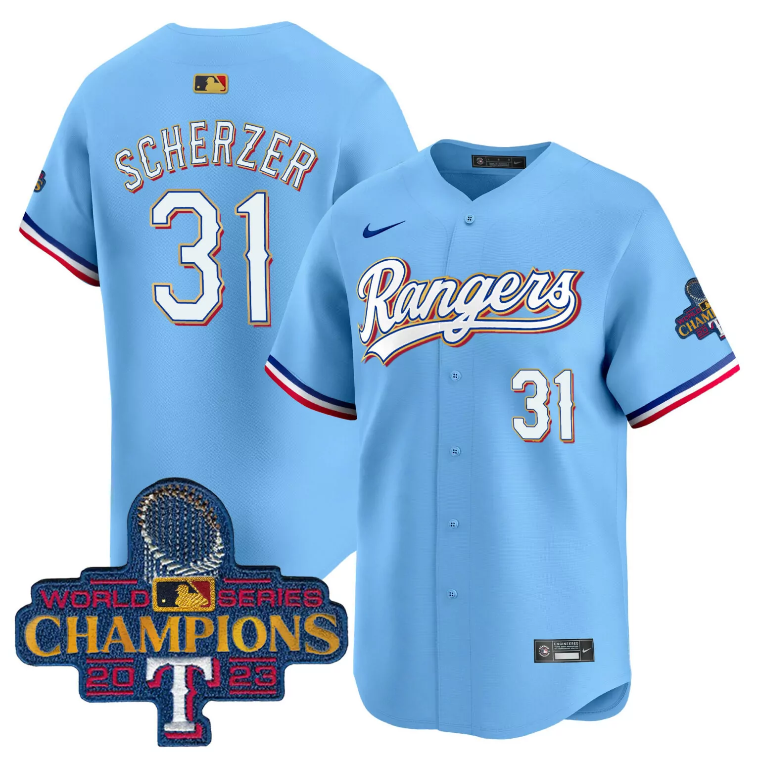 Max Scherzer 31 Rangers Jersey Light Blue World Series Champions 2023 Men White Red