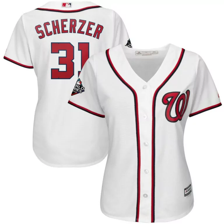 Max Scherzer 31 Jersey White Washington Nationals World Series 2019 Women Red Navy