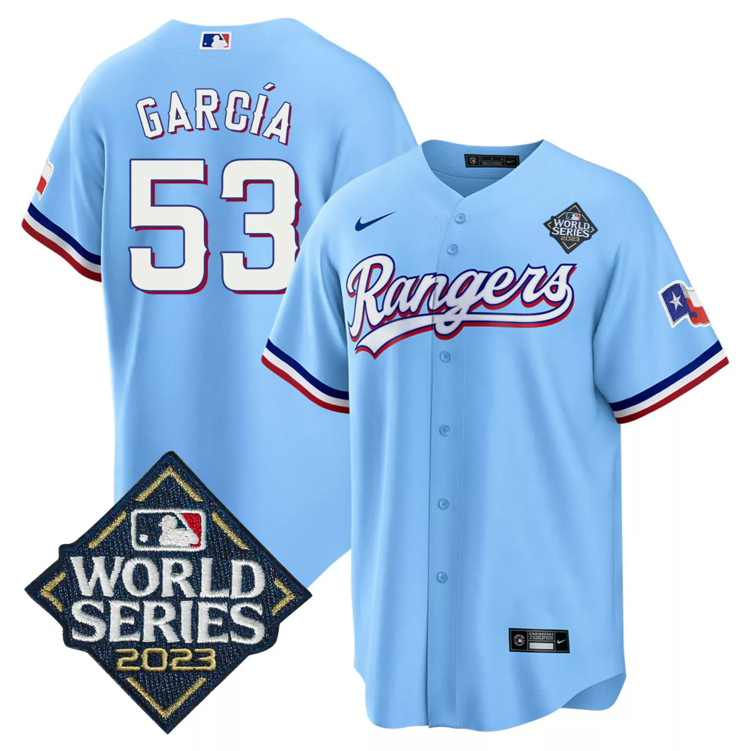 Adolis Garcia 53 Rangers Jersey Light Blue World Series 2023 Men White Red v2 All