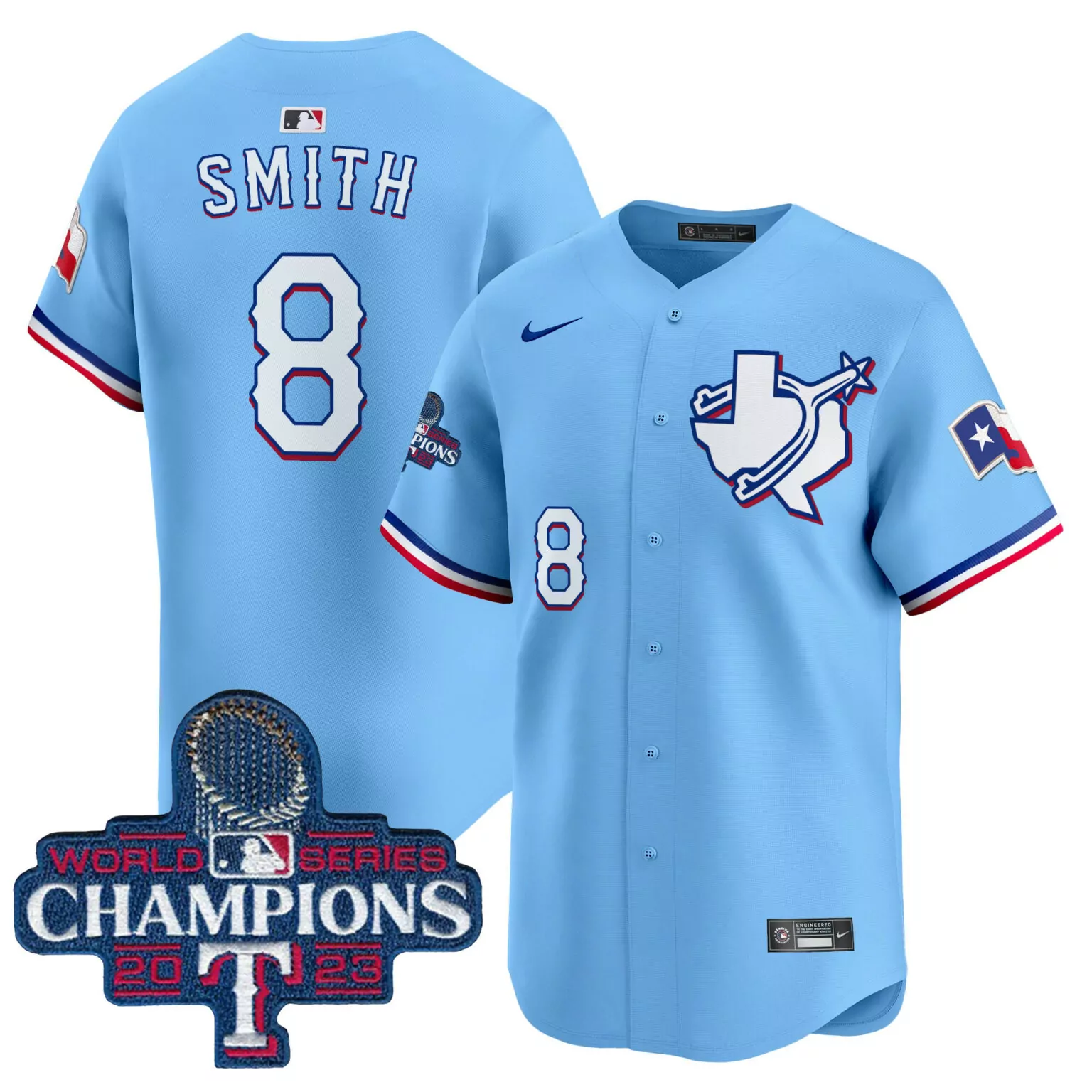 Josh Smith 8 Texas Rangers Jersey Light Blue World Series Champions 2023 Flag Men