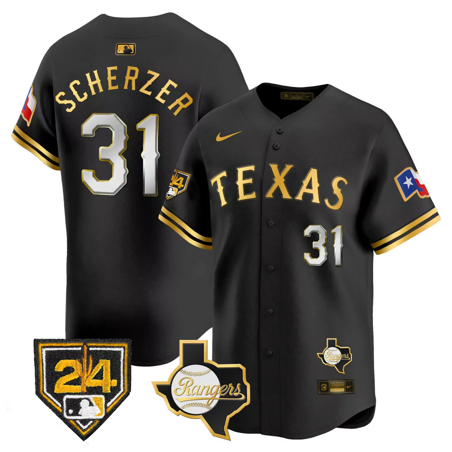Max Scherzer 31 Texas Rangers Jersey Black 24 Flag Men Gold White All Stitched