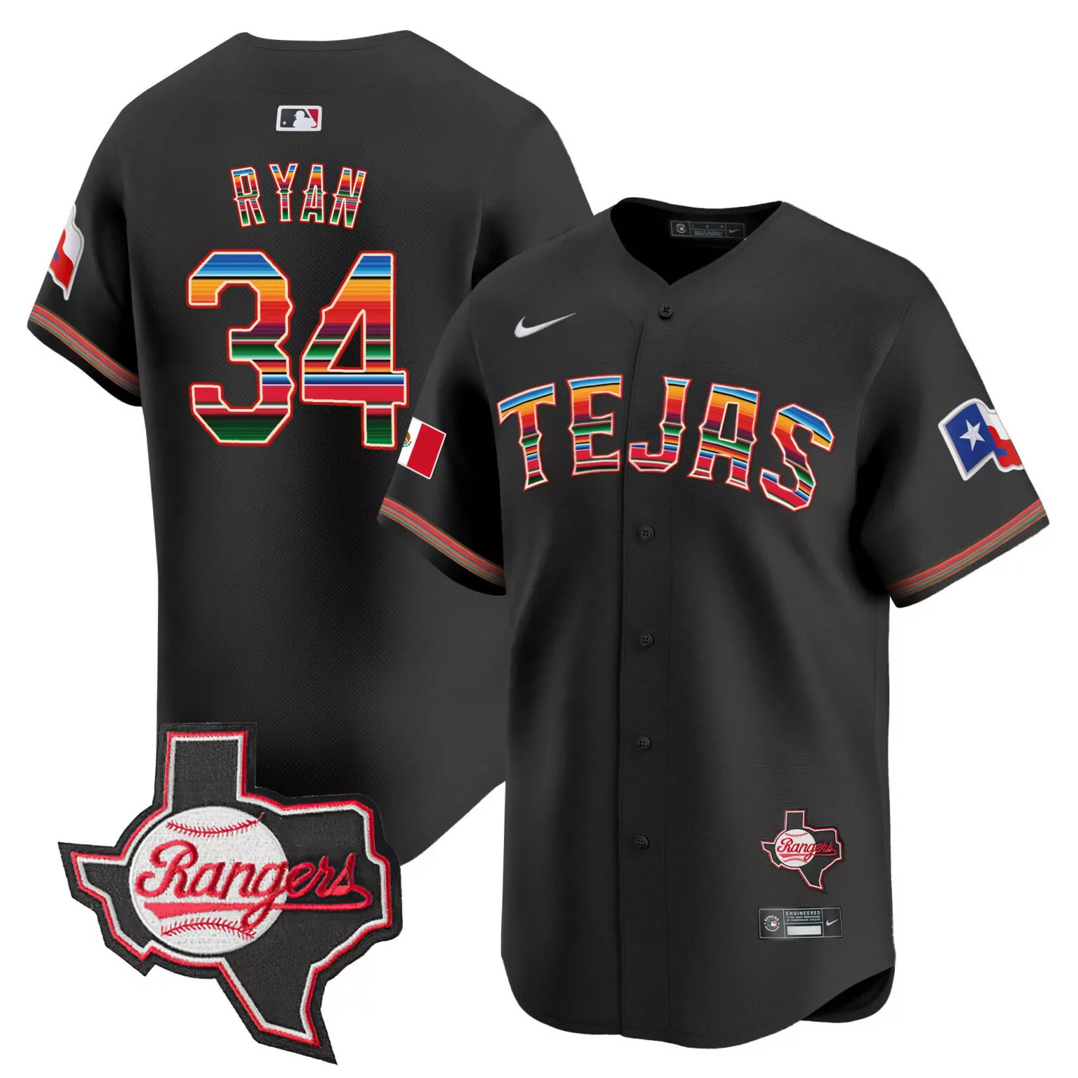 Nolan Ryan 34 Rangers Jersey Black Texas Ranger Men Alternate Split Design Red White