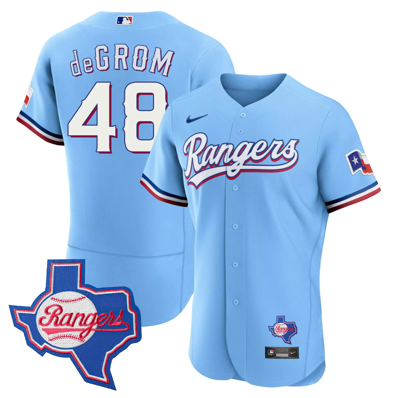 Jacob Degrom 48 Rangers Jersey Light Blue Texas Map Flag Men White Red All Stitched