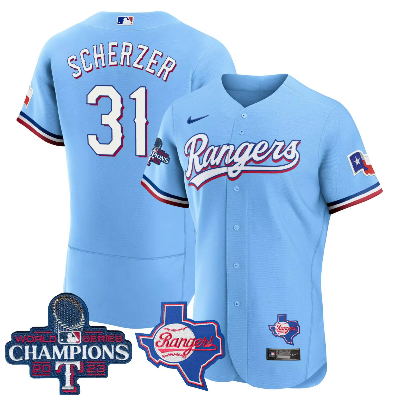 Max Scherzer 31 Rangers Jersey Light Blue World Series Champions 2023 Texas Flag