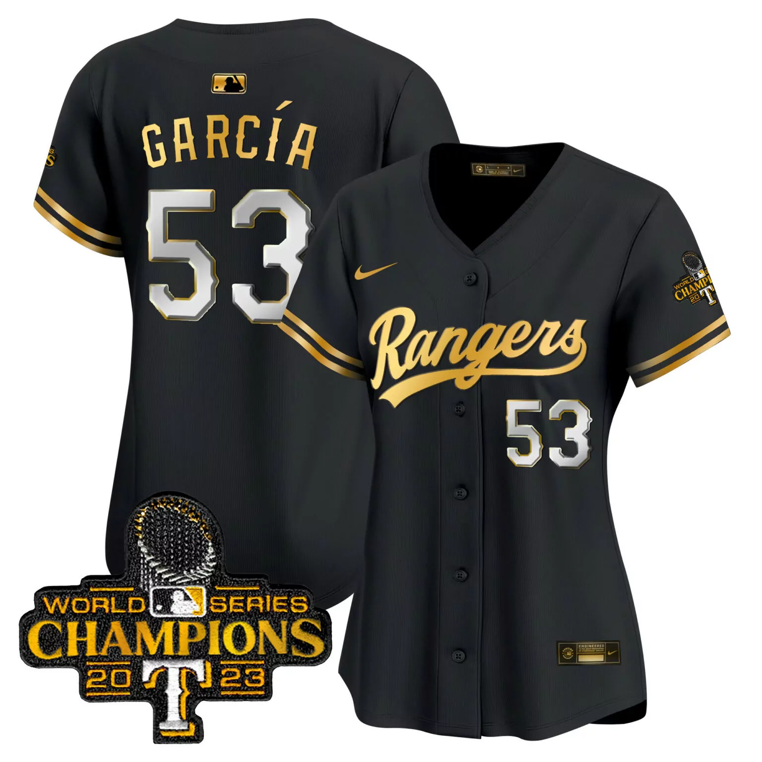 Adolis Garcia 53 Rangers Jersey Black World Series Champions 2023 Women Button-down