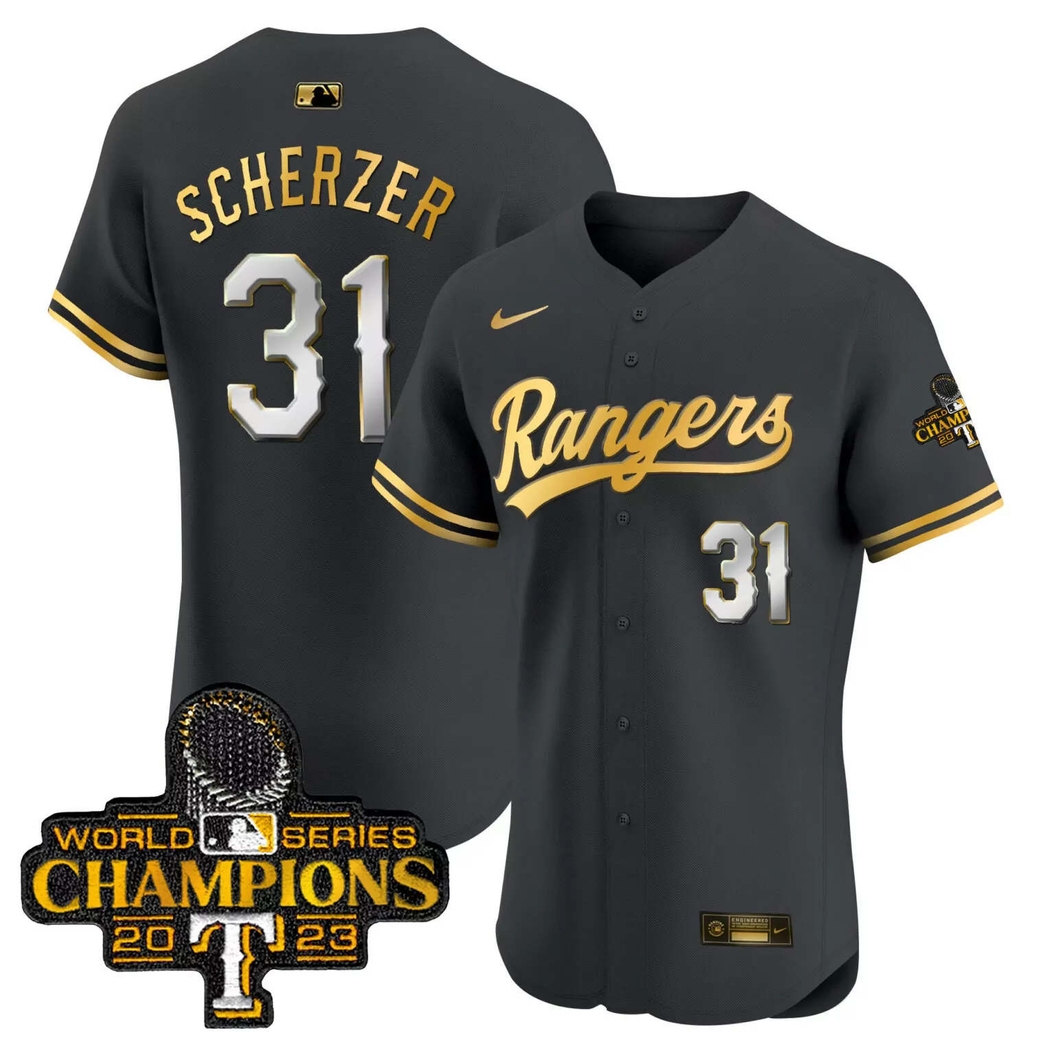Max Scherzer 31 Rangers Jersey Black World Series Champions 2023 Men Gold White All