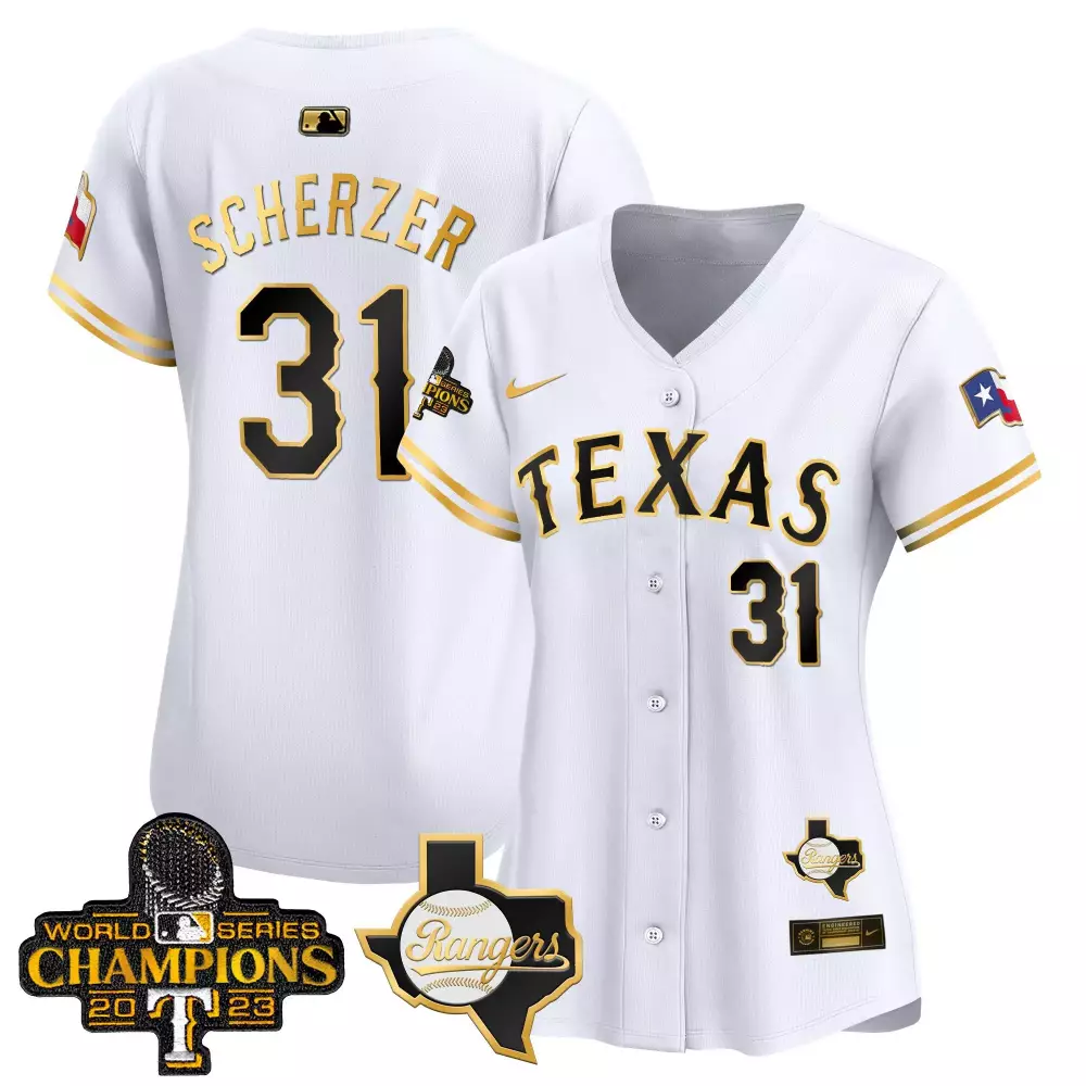 Max Scherzer 31 Texas Rangers Jersey White World Series Champions 2023 Women Black