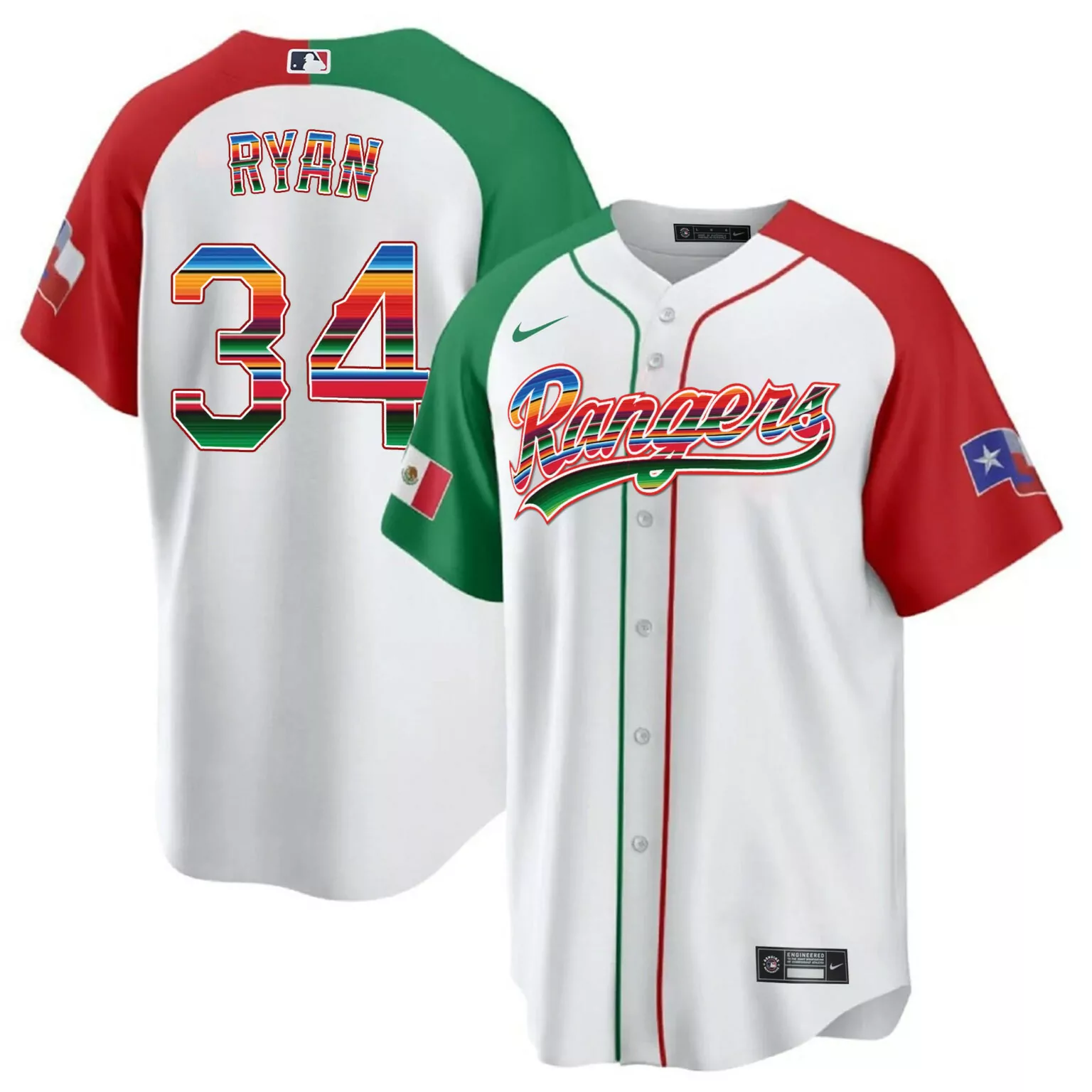 Nolan Ryan 34 Rangers Jersey White City Connect Texas Flag Mexico Men Split Design