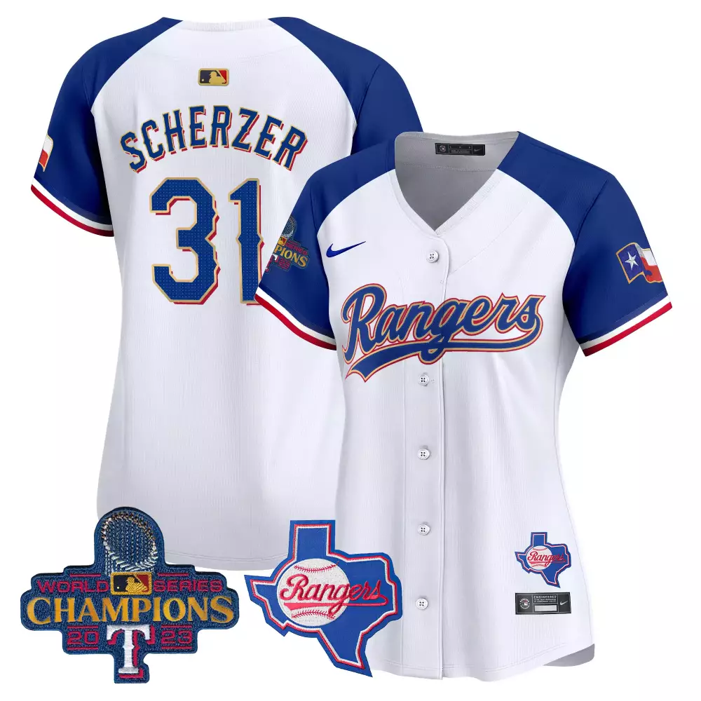 Max Scherzer 31 Rangers Jersey White World Series Champions 2023 Men Blue Red Alternate