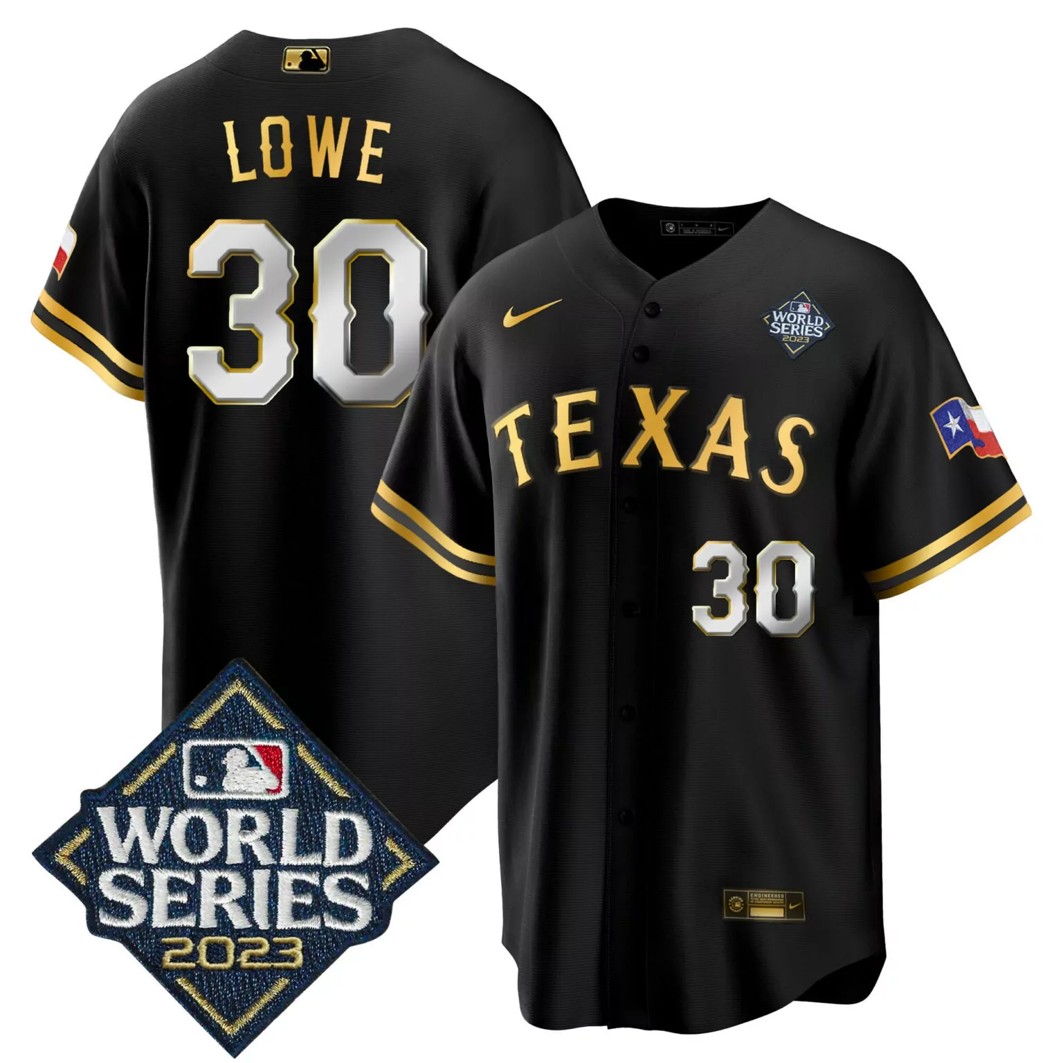 Nathaniel Lowe 30 Texas Rangers Jersey Black World Series 2023 Flag Men Gold White