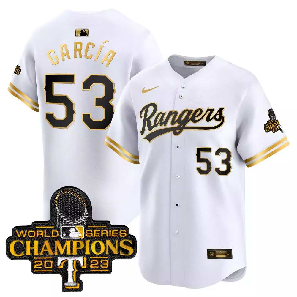 Adolis Garcia 53 Rangers Jersey White World Series Champions 2023 Men Black Gold