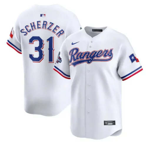 Max Scherzer 31 Rangers Jersey White Men Blue Red Stitched