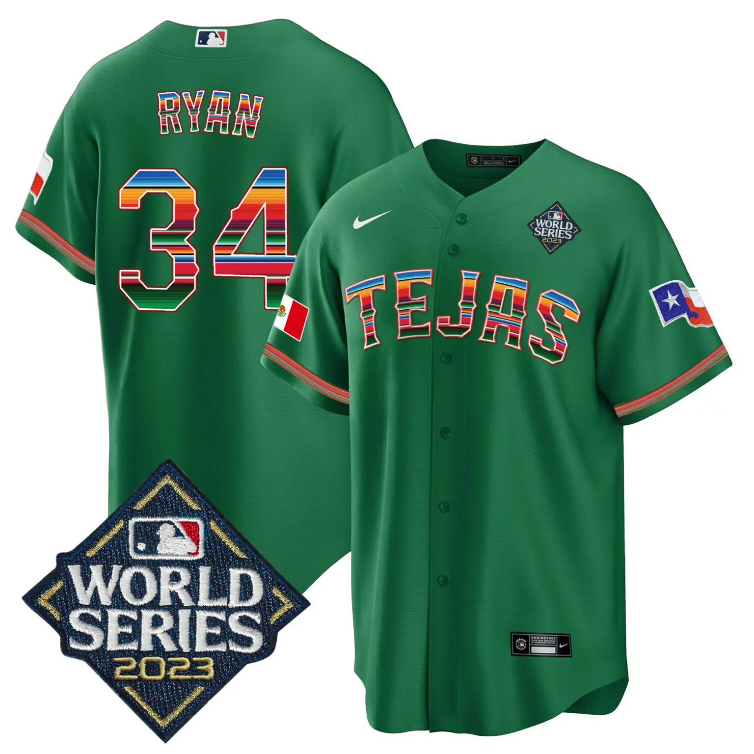 Nolan Ryan 34 Texas Rangers Jersey Green City Connect World Series 2023 Flag Men