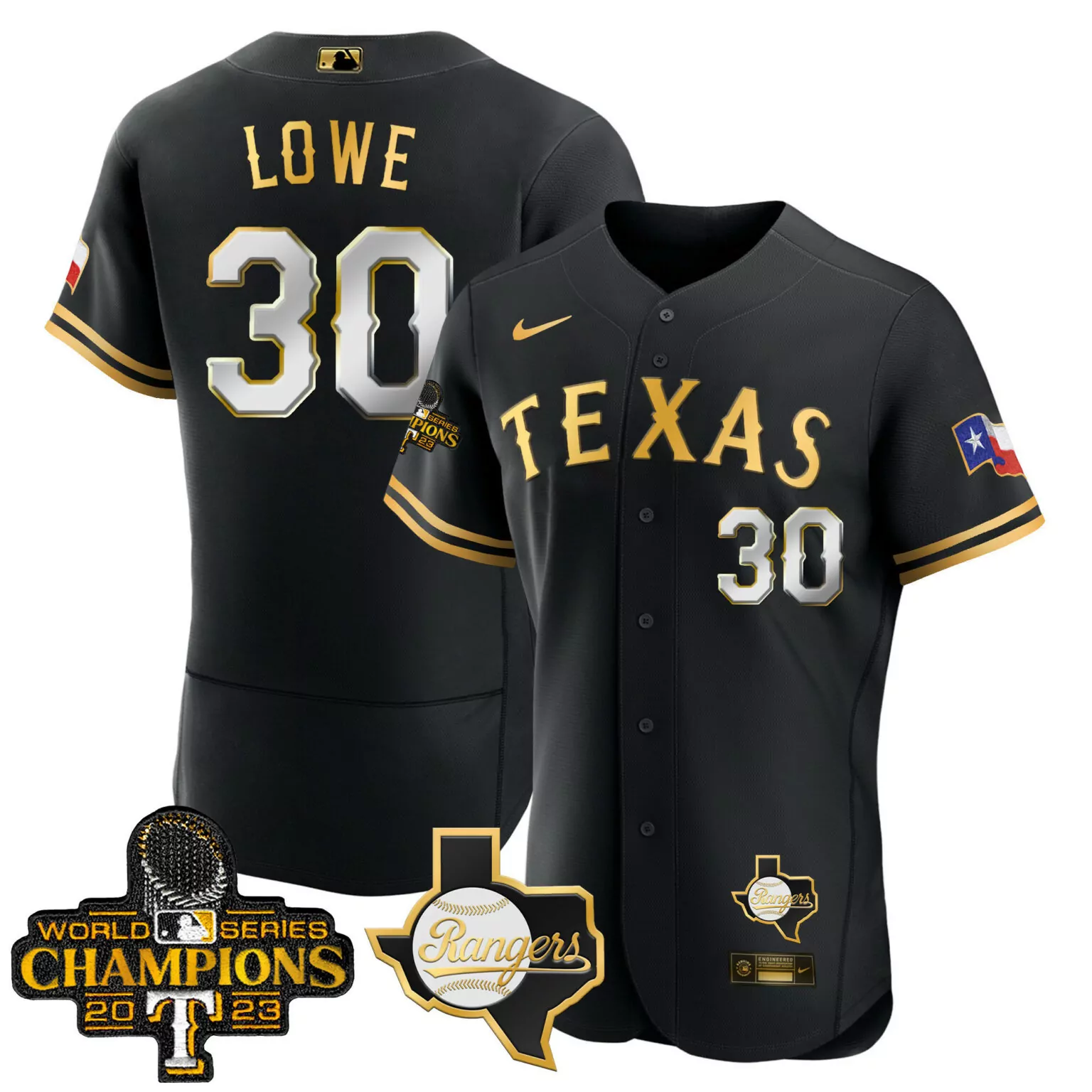 Nathaniel Lowe 30 Texas Rangers Jersey Black World Series Champions 2023 Men Gold