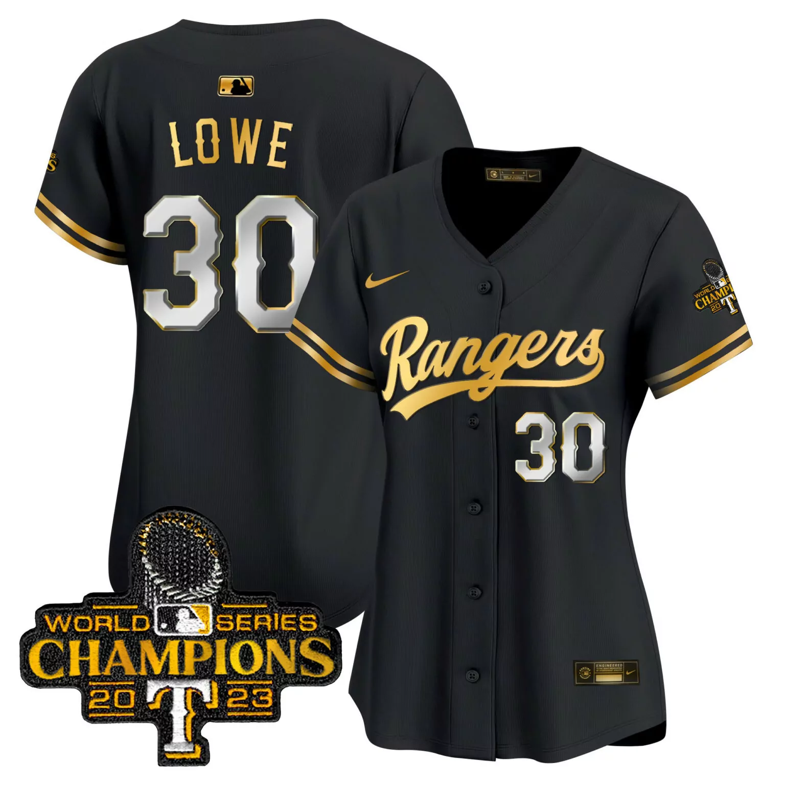 Nathaniel Lowe 30 Rangers Jersey Black World Series Champions 2023 Men Gold White