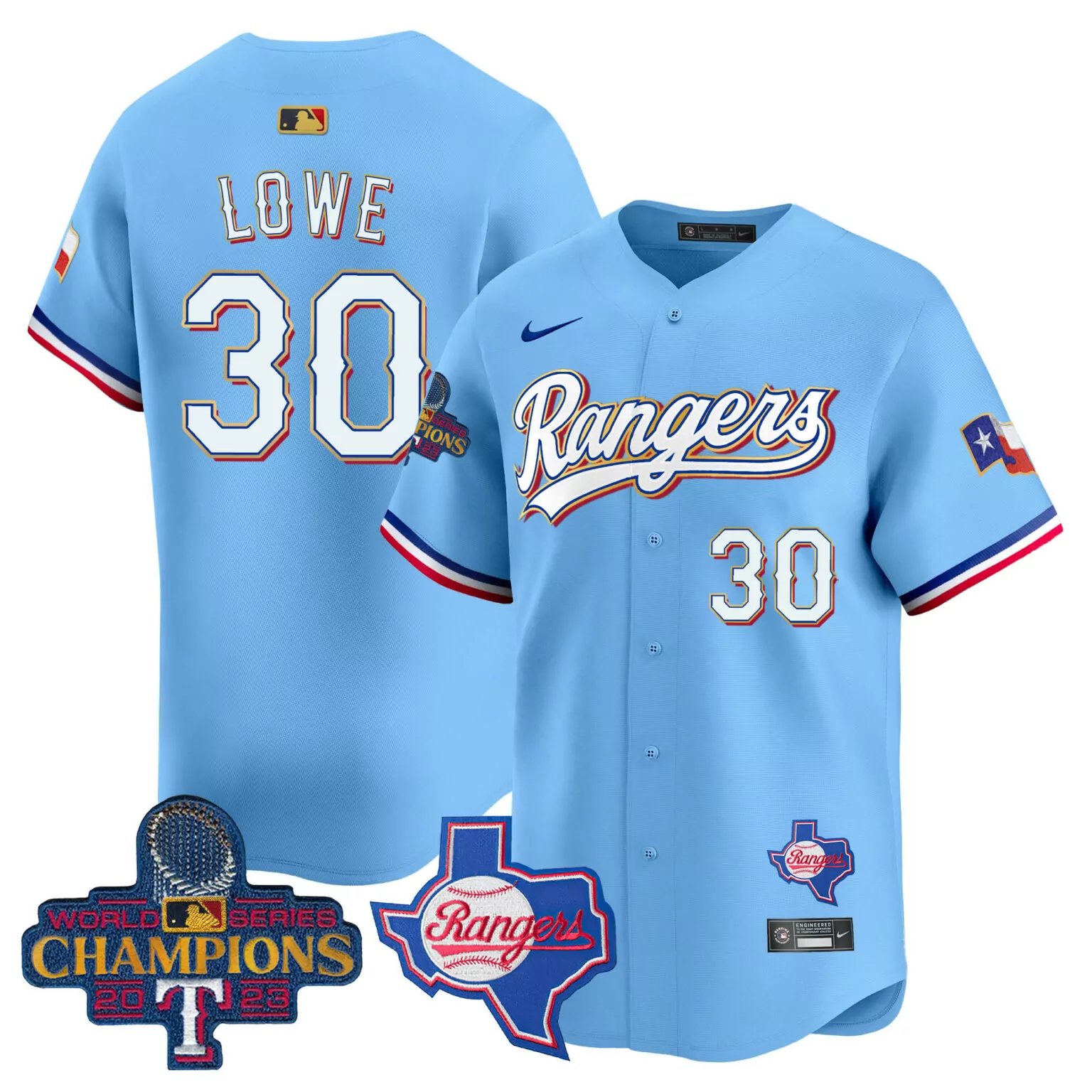 Nathaniel Lowe 30 Rangers Jersey Light Blue World Series Champions 2023 Texas Men