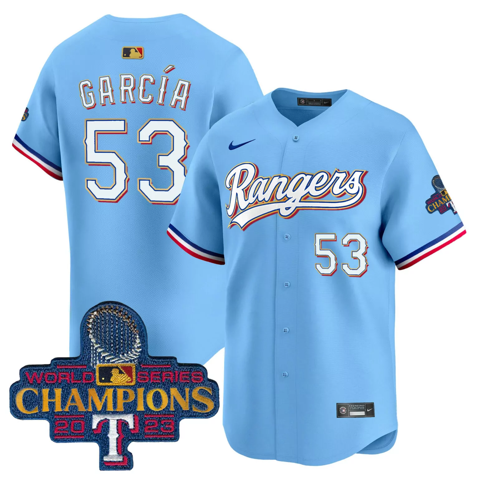 Adolis Garcia 53 Rangers Jersey Light Blue World Series Champions 2023 Men White
