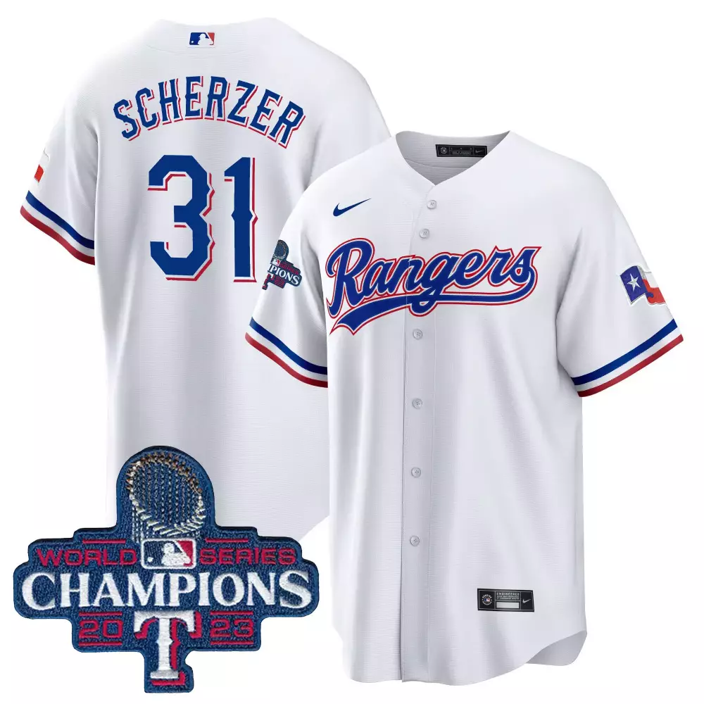 Max Scherzer 31 Rangers Jersey White World Series Champions 2023 Men Blue Red Cool