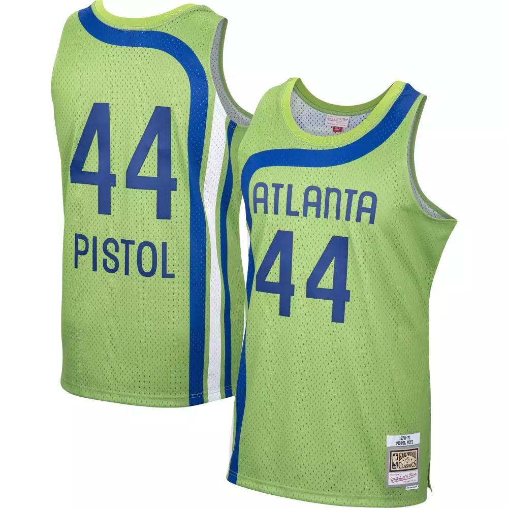 Pete Maravich 44 Atlanta Hawks Jersey Lime Green Hardwood Classics Pistol Men Full Button
