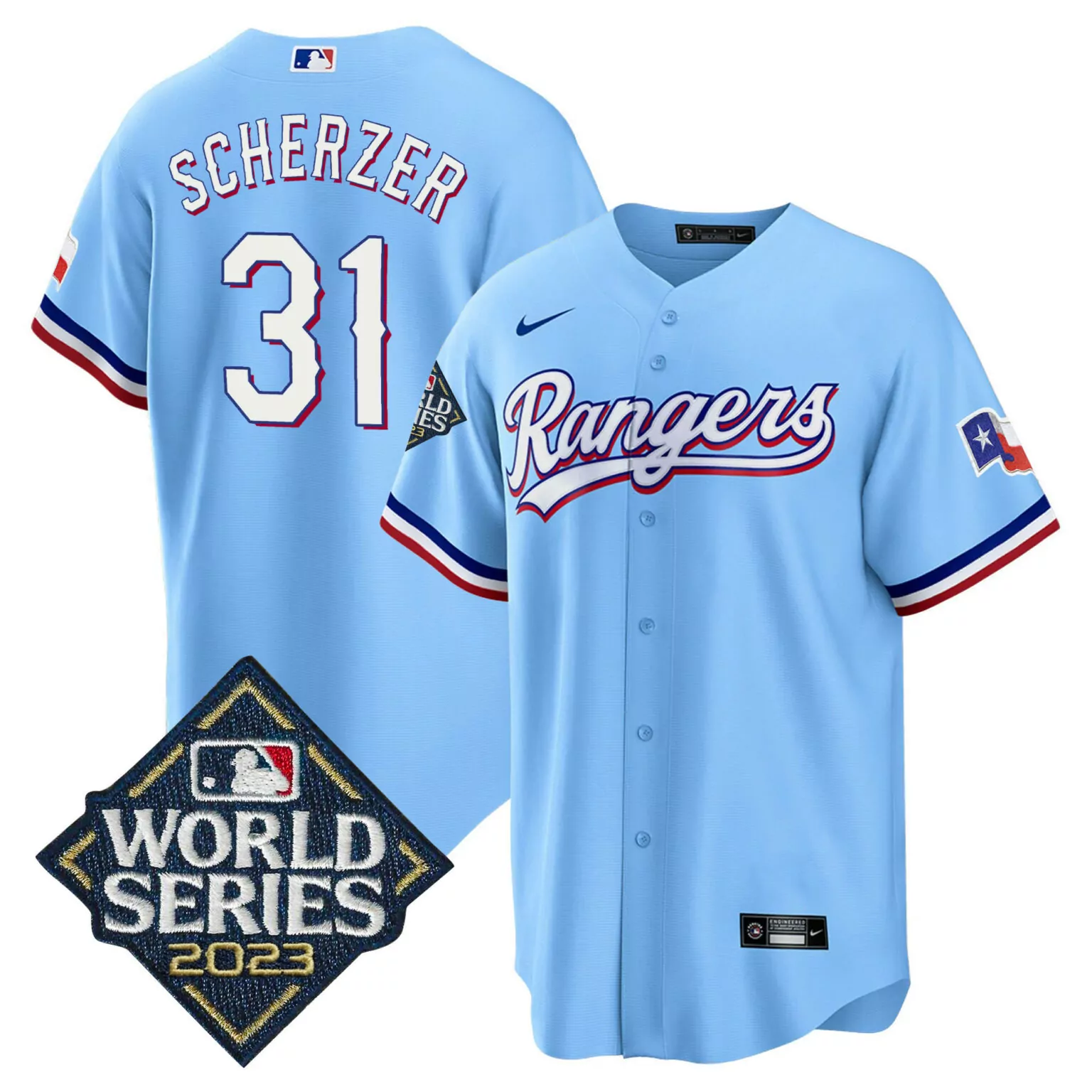 Max Scherzer 31 Rangers Jersey Light Blue World Series 2023 Men White Red All Stitched