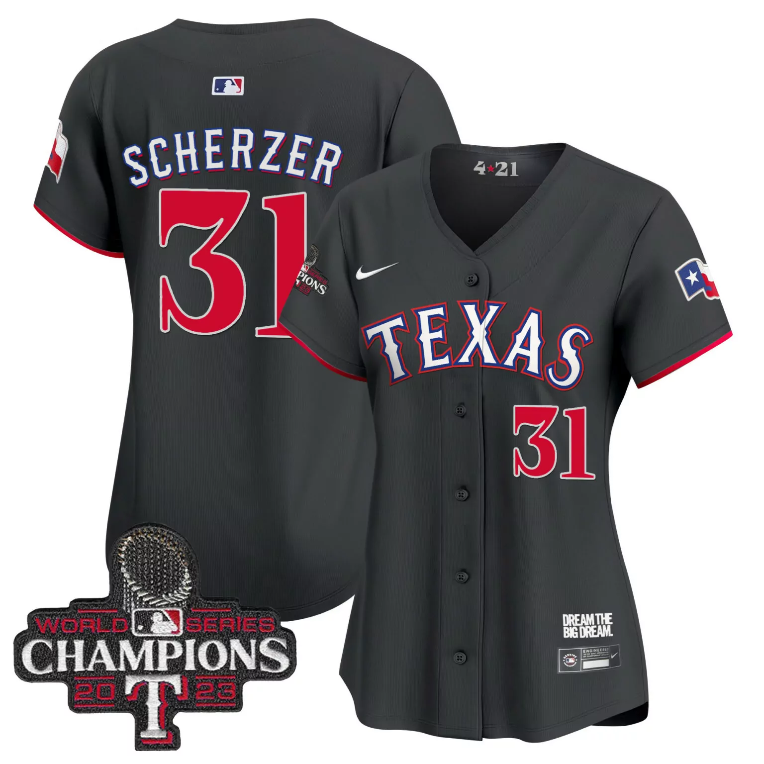 Max Scherzer 31 Texas Rangers Jersey Charcoal 2023 World Series Champions Women Red