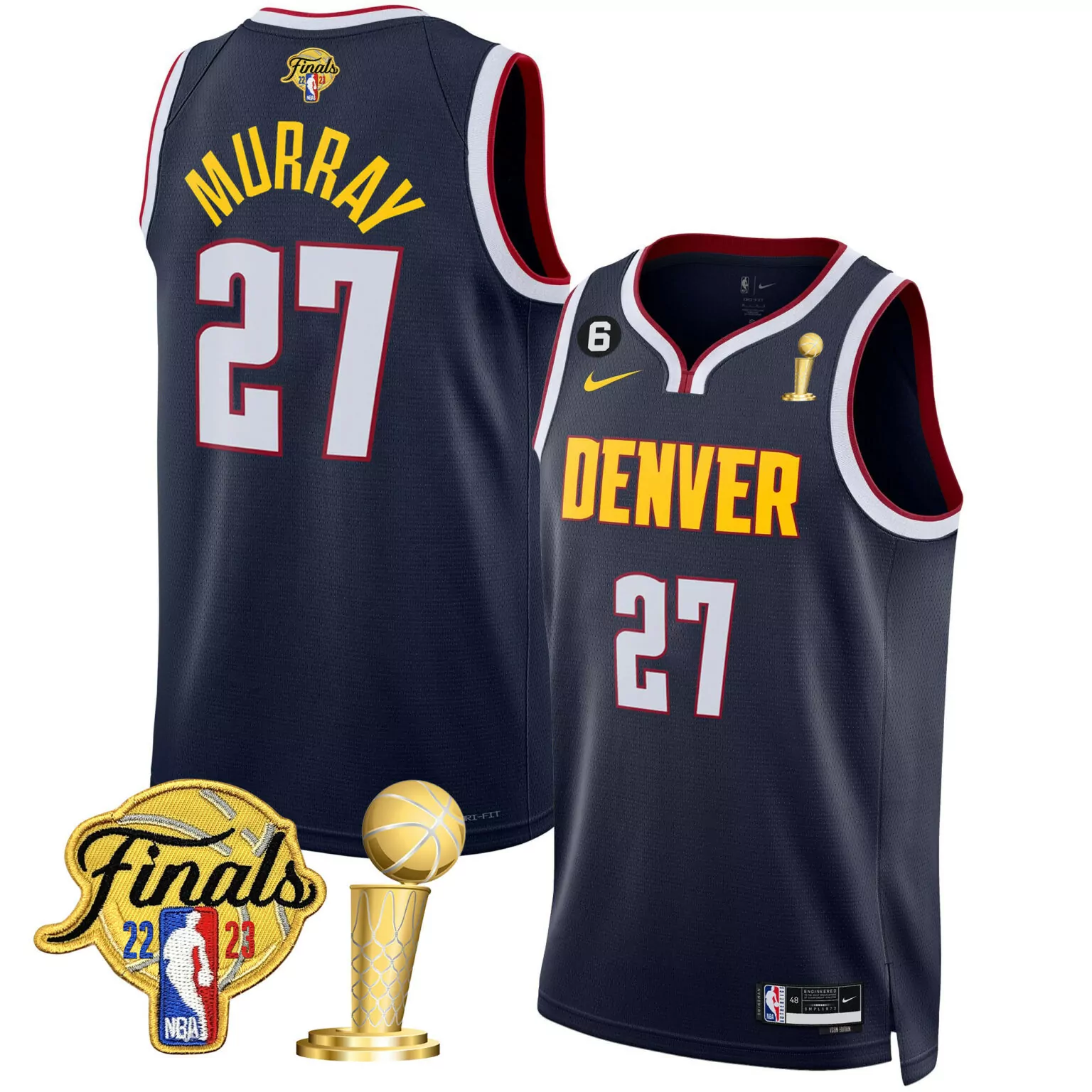Jamal Murray 27 Denver Nuggets Jersey Navy Blue NBA Finals 2022-2023 Men Yellow Red