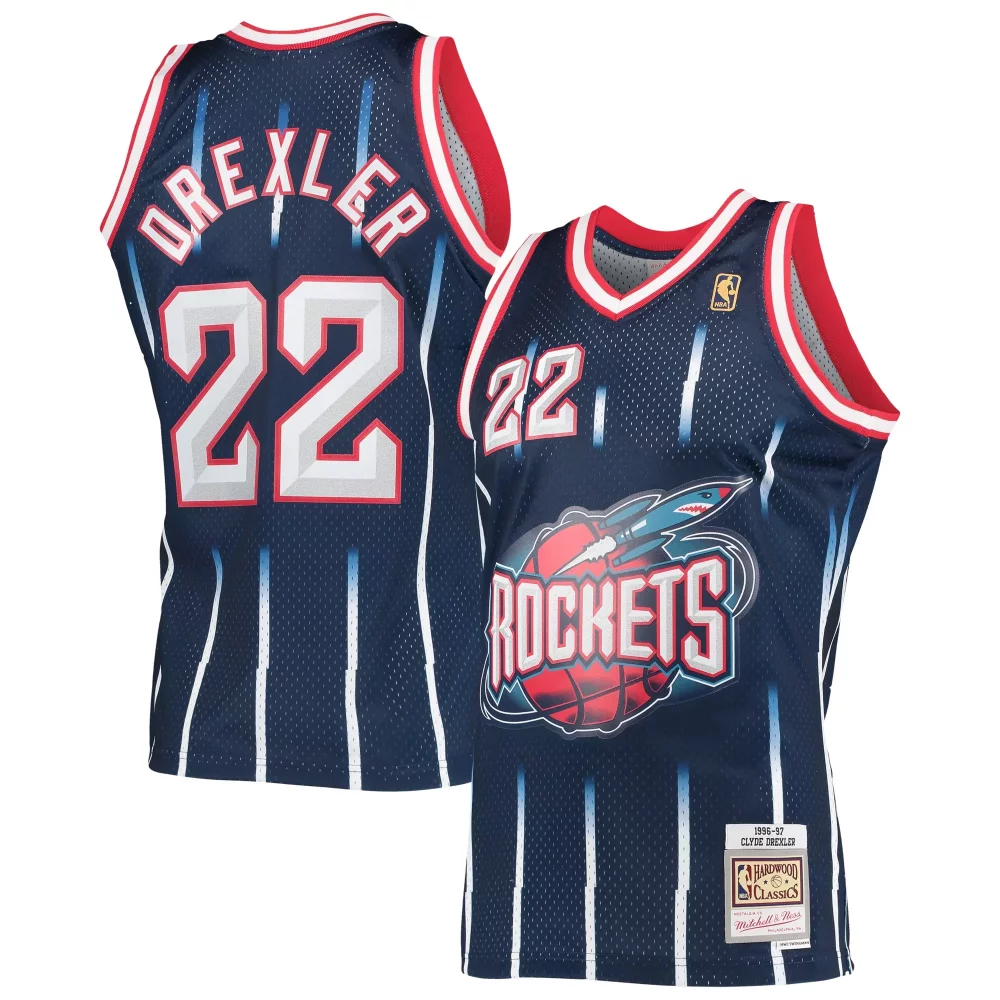 Clyde Drexler 22 Houston Rockets Jersey Navy Blue Hardwood Classics Men Replica Red